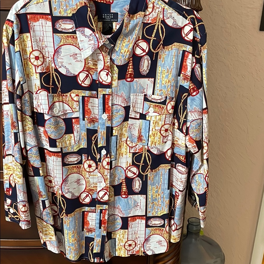 Nautica Blue & Red Geometric Button Down Shirt by Crazy Horse a Liz Claiborne Co